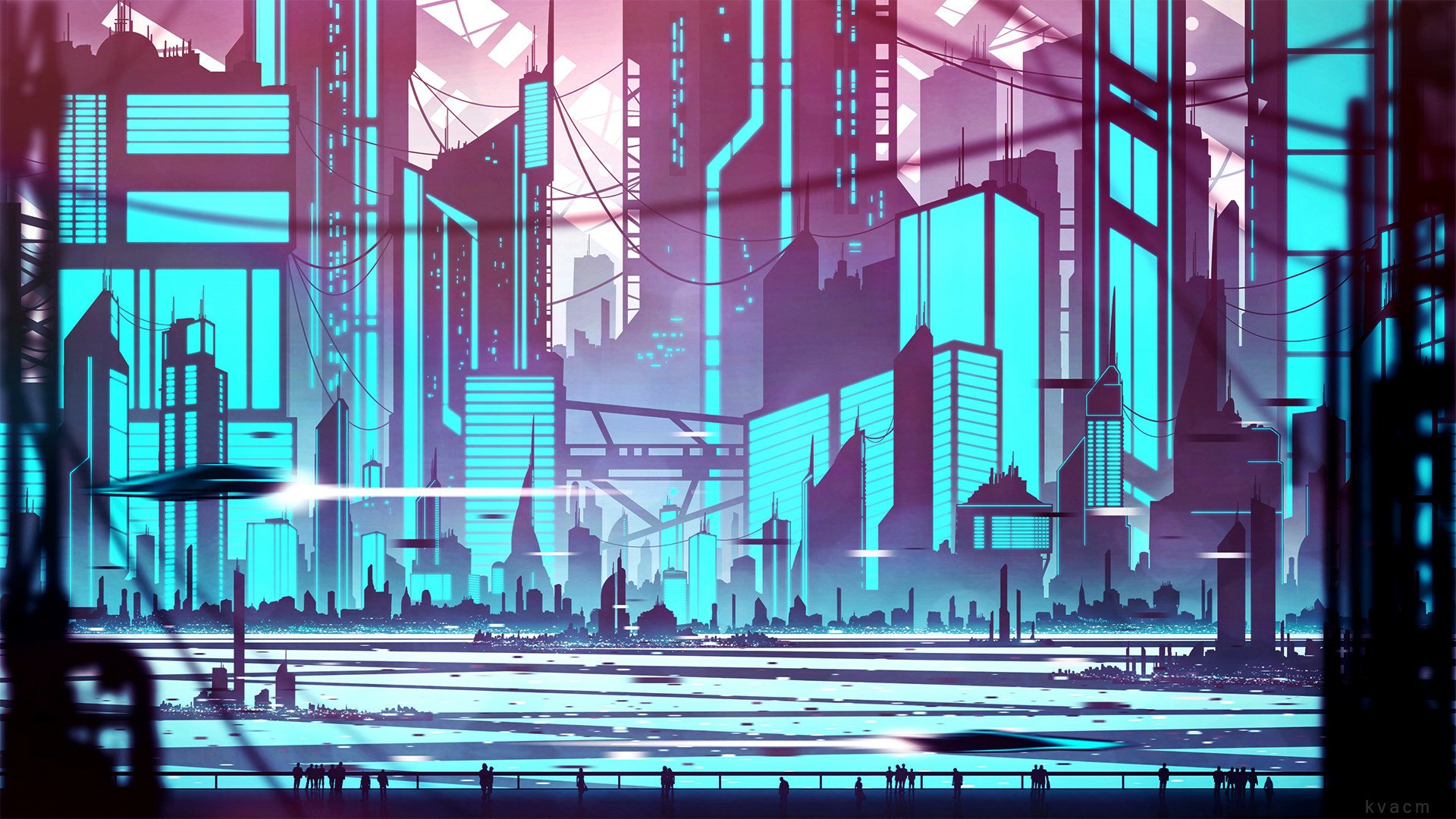 HD PC desktop wallpaper featuring a futuristic sci-fi cityscape with glowing skyscrapers and advanced buildings in a vibrant, neon-lit urban environment.