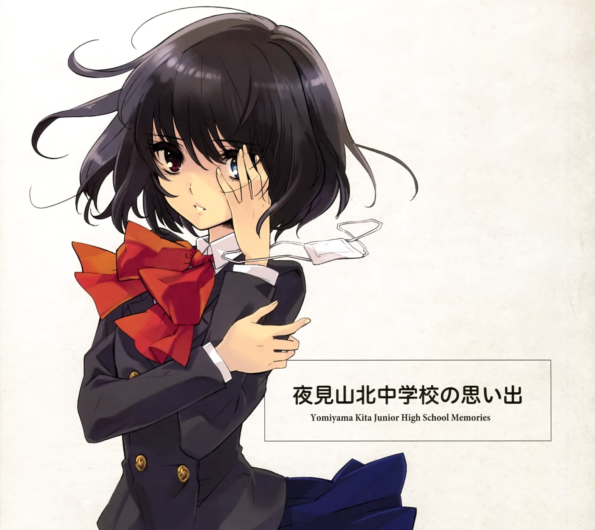 Anime-style HD wallpaper of Mei Misaki with short black hair, heterochromatic eyes (one blue, one red), wearing a skirt and a large red bow.