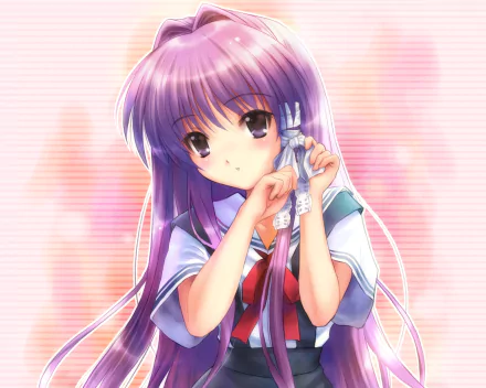 Anime Clannad HD PC desktop wallpaper/background: purple-haired schoolgirl in uniform adjusting a ribbon, framed by a soft pink glow and gentle lighting.