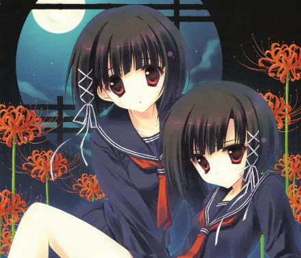 red eyes twins short hair black hair Anime Original HD Desktop Wallpaper | Background Image