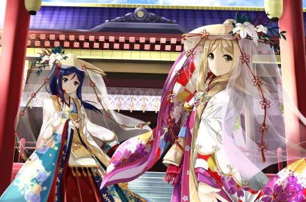 HD PC desktop wallpaper of Kanan Matsuura and Mari Ohara (Love Live! Sunshine!!) in ornate bridal kimonos on a shrine stage, anime-style background.