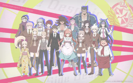 HD desktop wallpaper featuring characters from the anime Danganronpa, showcasing a vibrant group portrait with colorful backgrounds and dynamic poses.
