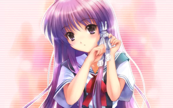 Anime Clannad HD PC desktop wallpaper/background: purple-haired schoolgirl in uniform adjusting a ribbon, framed by a soft pink glow and gentle lighting.