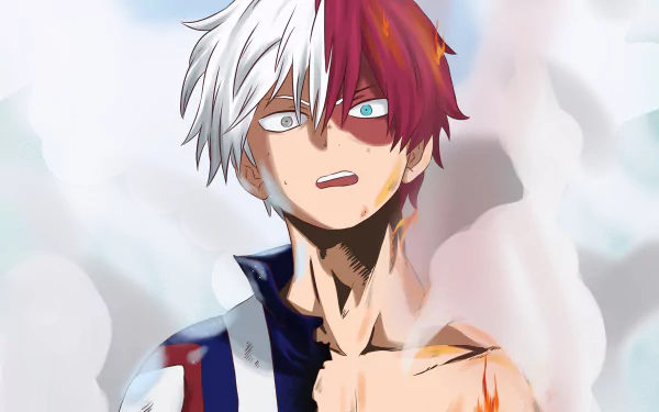 HD desktop wallpaper featuring Shoto Todoroki from My Hero Academia, showcasing his iconic dual-colored hair and burning determination.