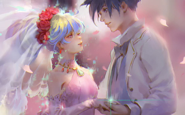 HD anime wallpaper featuring Simon and Nia Teppelin from Tengen Toppa Gurren Lagann in a soft, romantic scene with ethereal lighting and detailed character art.