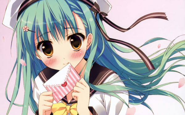 Anime Original Hat Blue Hair Letter Cherry Blossom HD Wallpaper | Background Image
