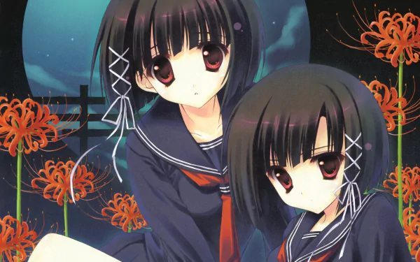 red eyes twins short hair black hair Anime Original HD Desktop Wallpaper | Background Image