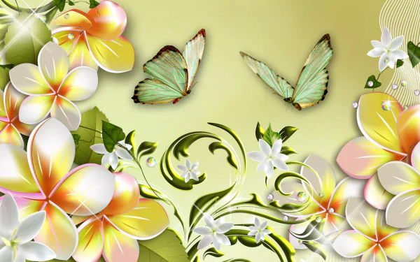 Artistic HD PC desktop wallpaper background of mint-green butterflies fluttering among white and yellow plumeria flowers.
