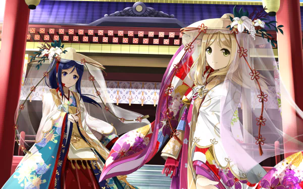 HD PC desktop wallpaper of Kanan Matsuura and Mari Ohara (Love Live! Sunshine!!) in ornate bridal kimonos on a shrine stage, anime-style background.