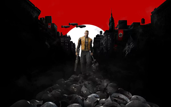 HD desktop wallpaper featuring B.J. Blazkowicz from the video game Wolfenstein II: The New Colossus. He stands against a red and white backdrop with a pile of helmets at his feet in a war-torn city.