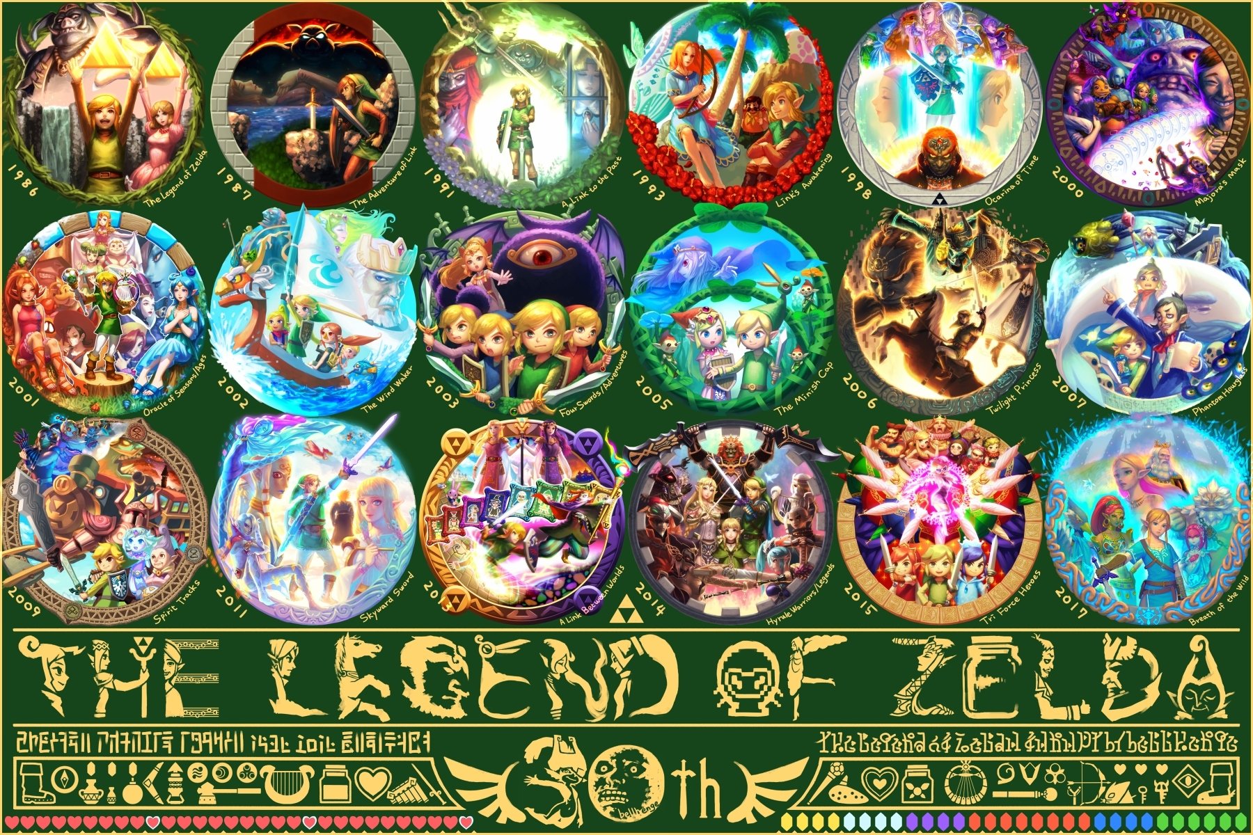 This HD desktop wallpaper for The Legend of Zelda showcases a vibrant collage celebrating the game's 30th anniversary, featuring key artwork from various titles in the series.