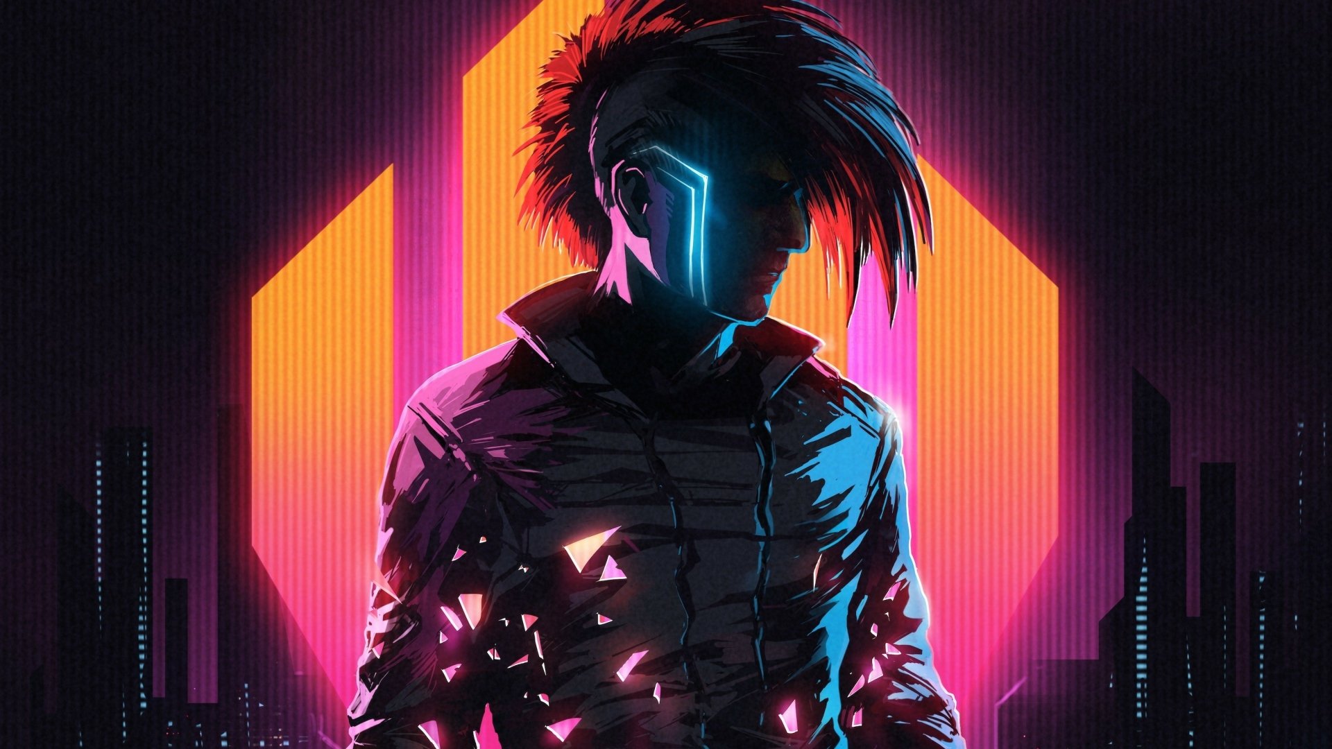 HD PC desktop wallpaper featuring a neon-lit retrowave portrait of Klayton with vibrant colors, inspired by Scandroid and music themes.