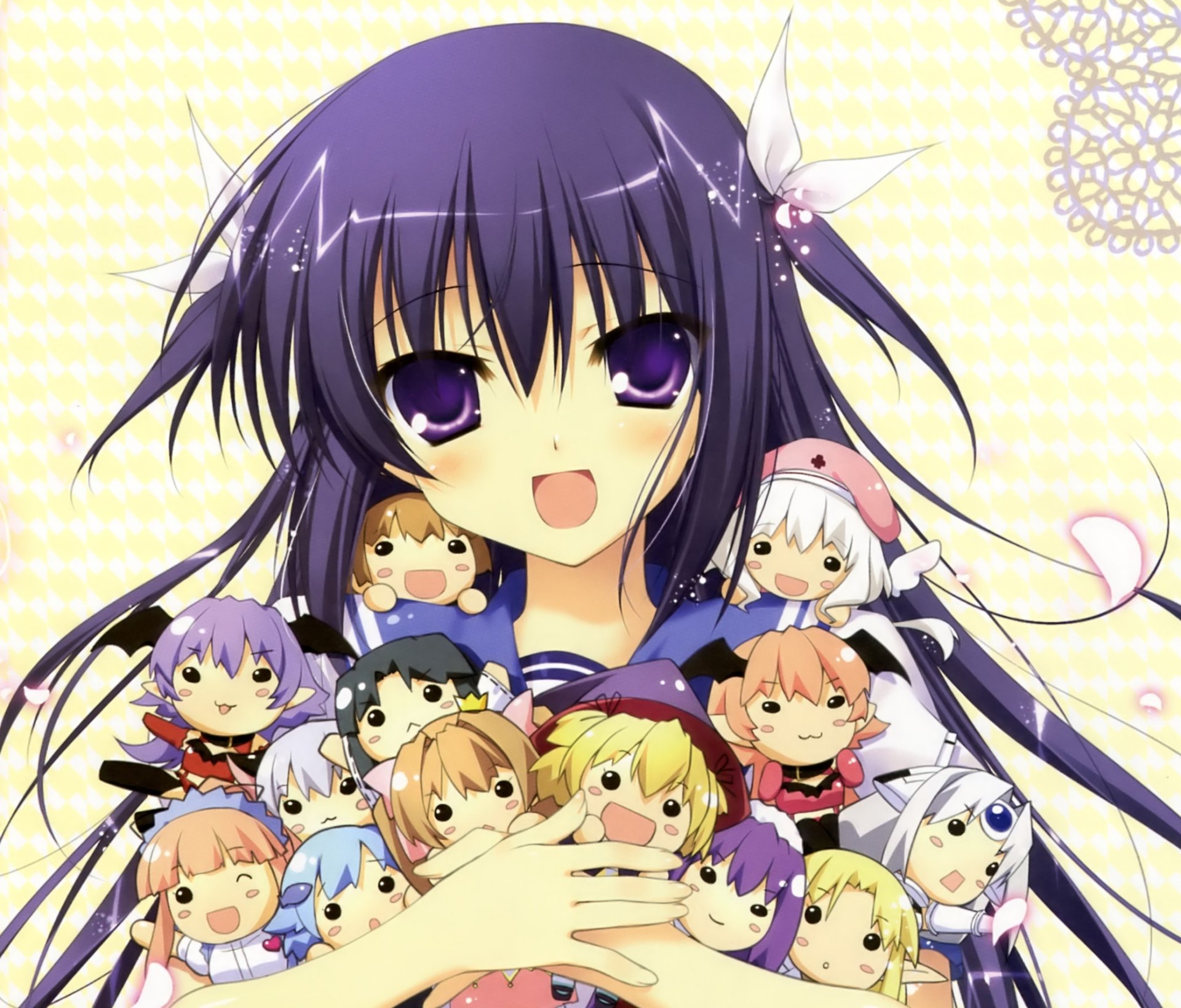 Download Smile Blush Purple Eyes Ribbon Blue Hair Long Hair Anime Original HD Wallpaper by Chikotam