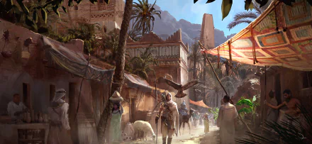 HD wallpaper of Bayek of Siwa and Senu from Assassin's Creed Origins. The bustling market scene with detailed architecture and vivid colors reflects the immersive world of the video game.