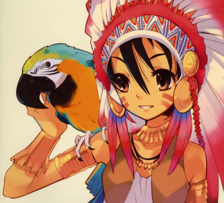 Anime-style original artwork of a girl with black hair, brown eyes, wearing a patterned headdress, holding a colorful parrot, designed as an HD PC desktop wallpaper.
