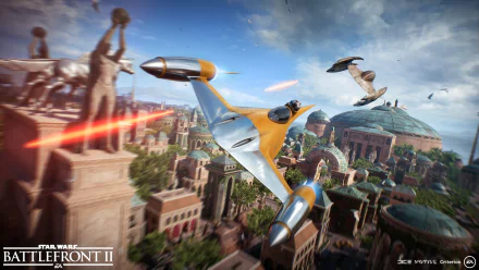 HD PC desktop wallpaper featuring a Star Wars Battlefront II (2017) aerial battle scene over Naboo from the Star Wars universe.