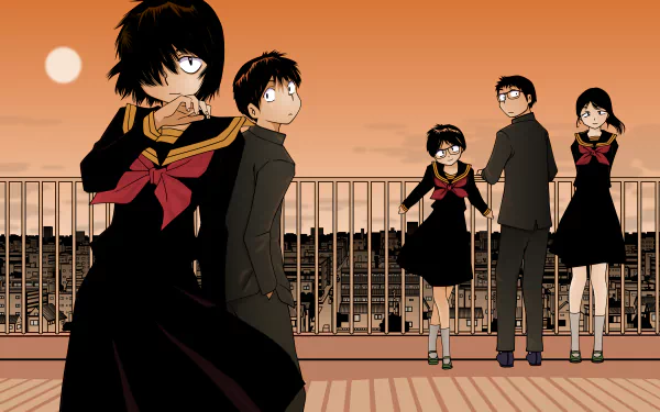 4K Ultra HD anime wallpaper from Mysterious Girlfriend X featuring five characters in school uniforms against a sunset cityscape background.