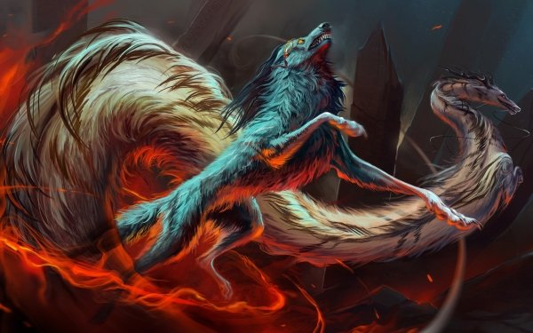 Fantasy Animal Wolf Creature Fire Dragon HD Wallpaper | Background Image