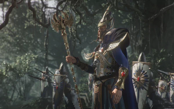 HD wallpaper of a character from Total War: Warhammer II, poised with a staff in a mystical forest setting.