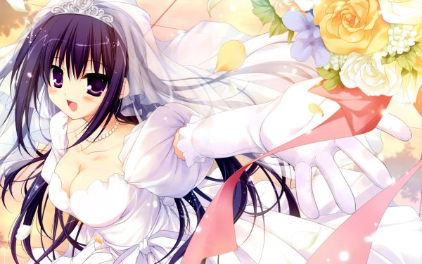 Anime Original Wedding Dress Bouquet Glove Veil Long Hair Purple Eyes Blue Hair Smile Blush HD Wallpaper | Background Image