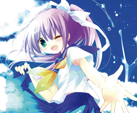 purple hair blush smile ponytail long hair blue eyes wink Anime Original HD Desktop Wallpaper | Background Image