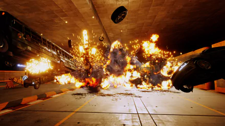 HD wallpaper of an explosive action scene under a bridge with cars and debris mid-air, embodying a danger zone theme.