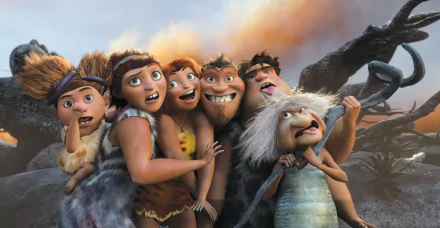 The Croods 2 characters pose together in a vibrant scene from The Croods: A New Age, featured in a 4K Ultra HD PC desktop wallpaper and background.