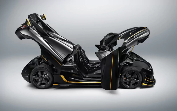 HD desktop wallpaper showcasing a sleek black Koenigsegg Agera RS Gryphon supercar with doors and hood open, highlighting its advanced design and engineering.