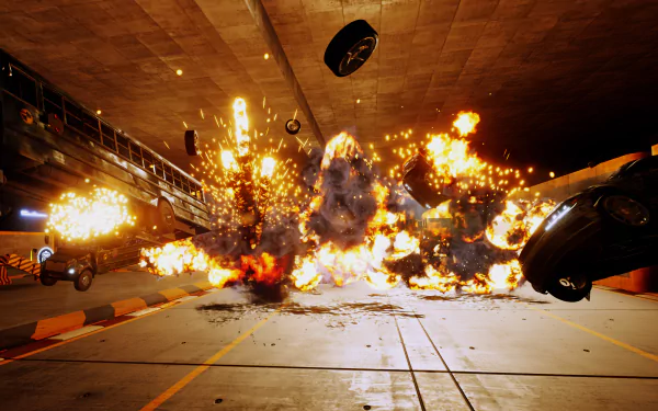 HD wallpaper of an explosive action scene under a bridge with cars and debris mid-air, embodying a danger zone theme.
