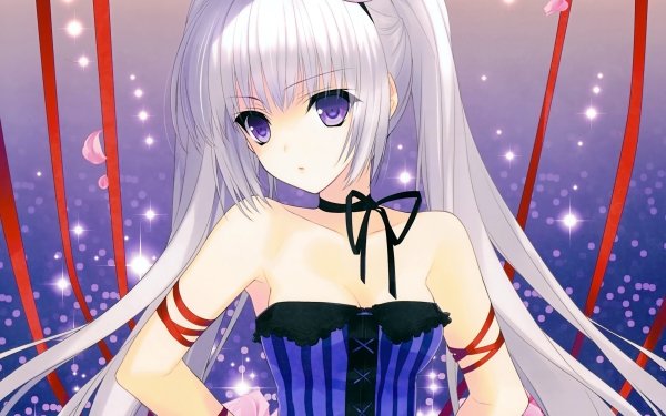 Anime Original Long Hair Crown Purple Eyes Ribbon Twintails White Hair Petal HD Wallpaper | Background Image
