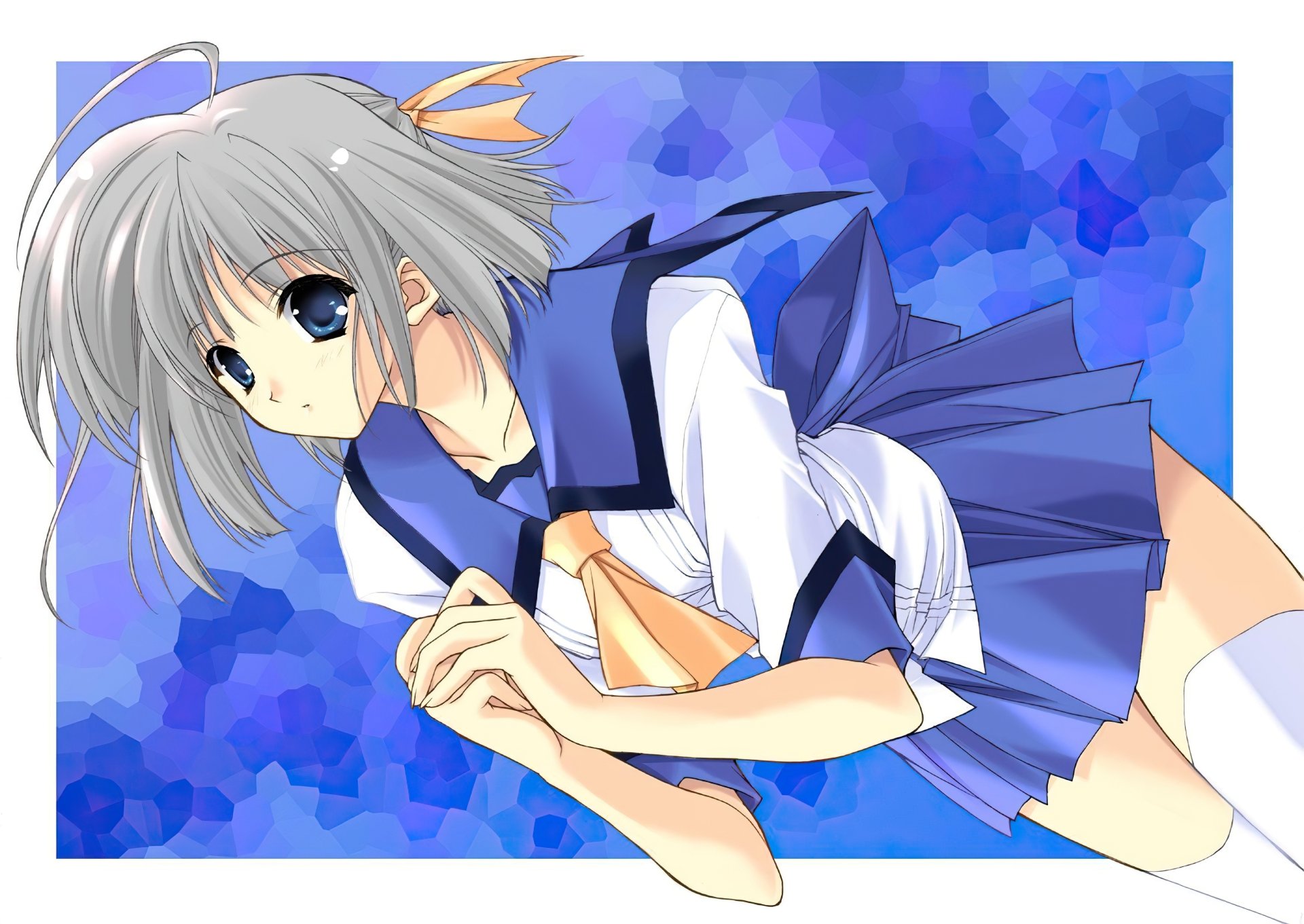Download Grey Hair Blue Eyes Ribbon Short Hair Anime Original HD Wallpaper by Suzuhira Hiro