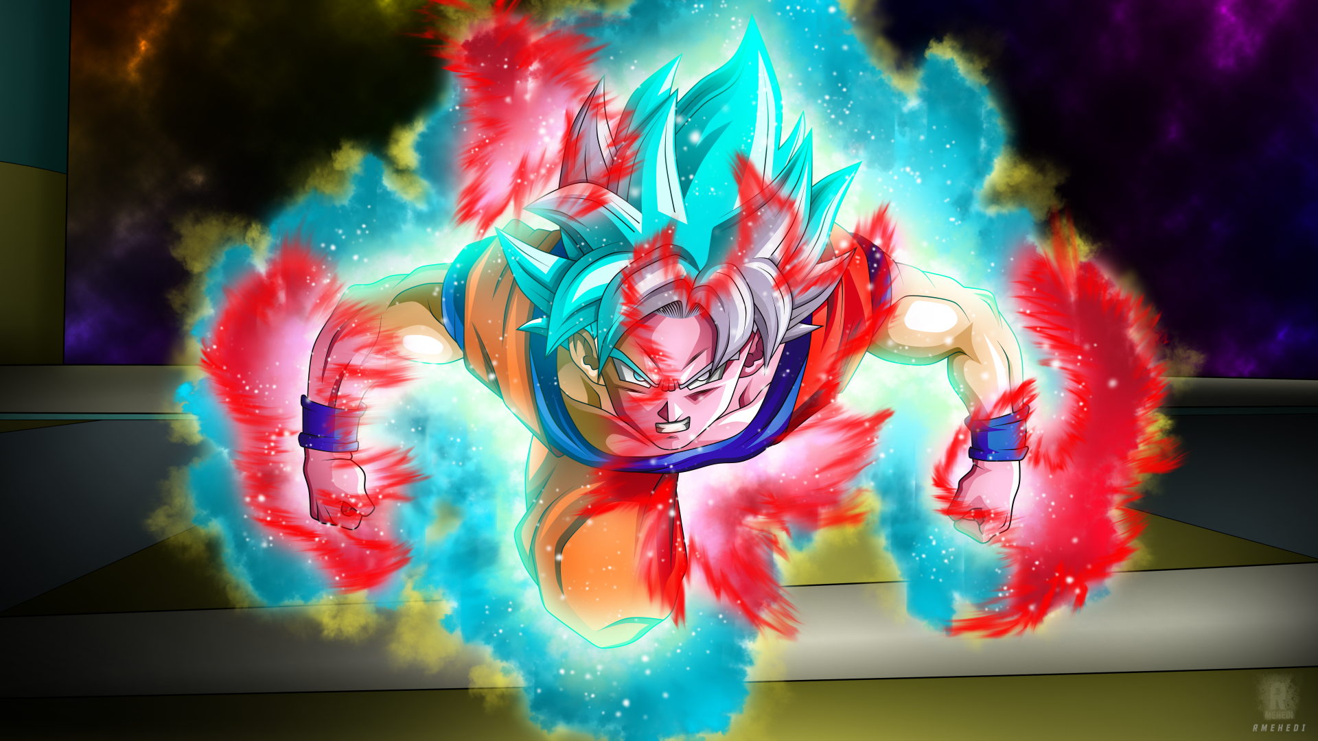 HD wallpaper featuring Goku from Dragon Ball Super in an intense, dynamic pose, surrounded by blue and red energy auras. The vivid background enhances the powerful depiction from the anime series.