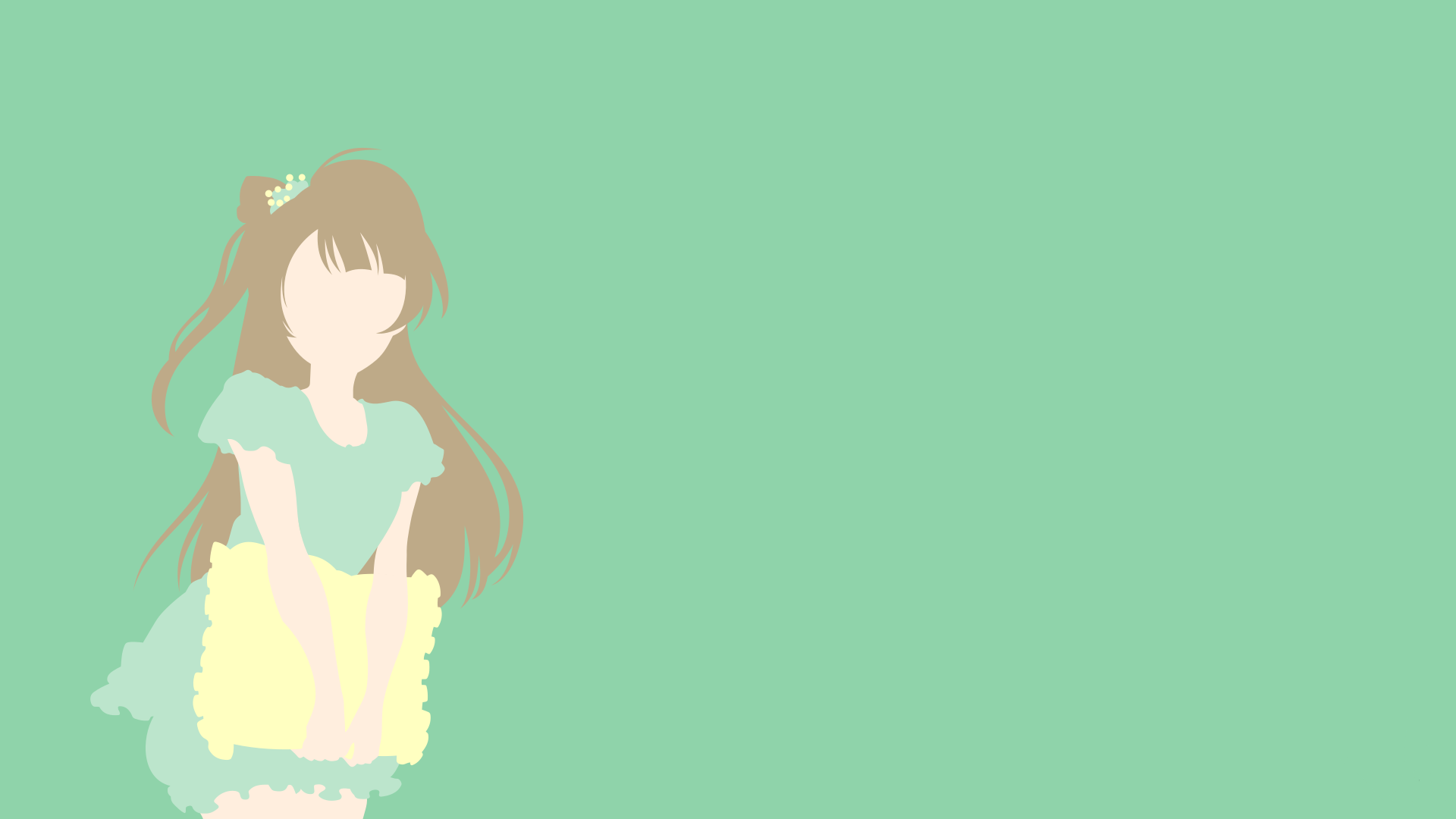 Minimalist HD desktop wallpaper of Kotori Minami (Love Live!) — stylized silhouette in a pastel mint and yellow frilly dress against a solid mint-green background.