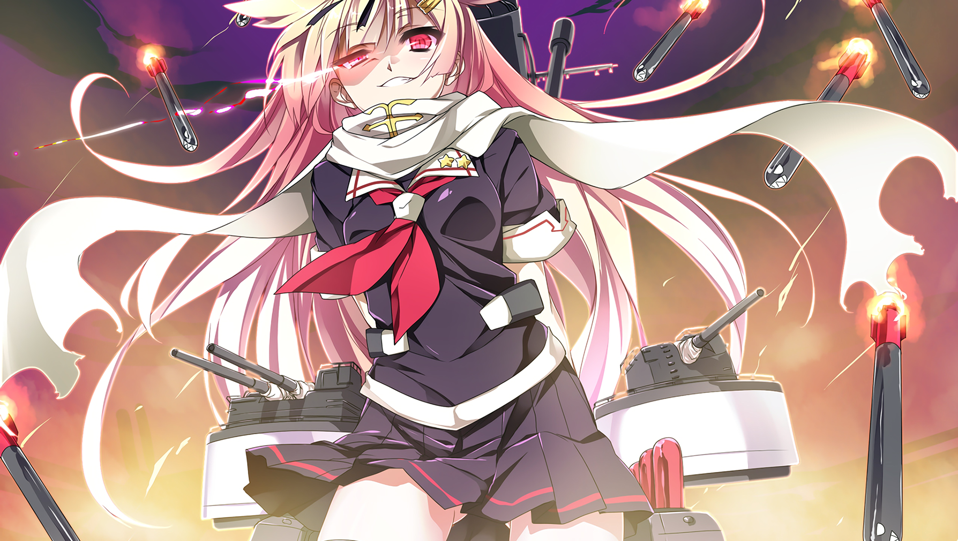 HD PC desktop wallpaper featuring Yuudachi from Kantai Collection, anime-style with dynamic lighting and detailed naval armaments.