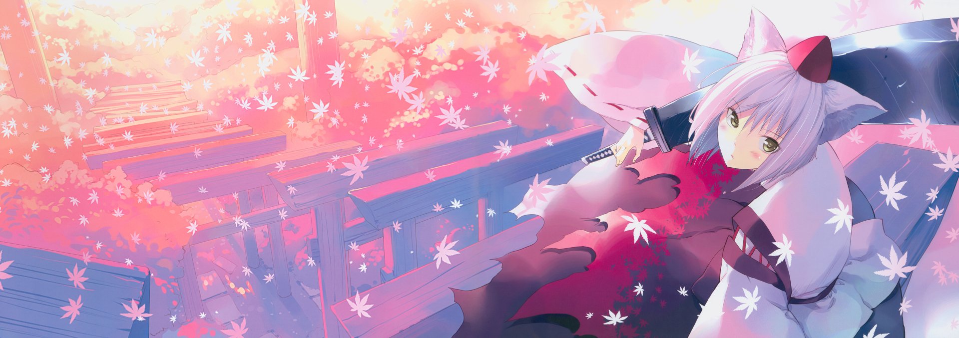 Anime-style 4K Ultra HD desktop wallpaper featuring Momiji Inubashiri from Touhou, surrounded by soft pink autumn leaves and traditional Japanese architecture.
