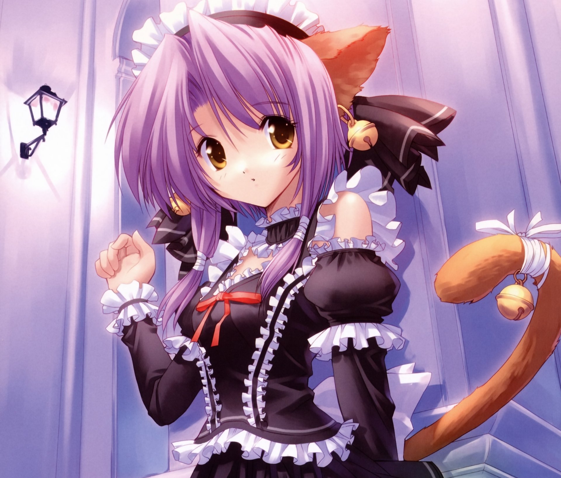 Download Bow (Clothing) Purple Hair Blush Brown Hair Short Hair Bell Maid  Cat Girl Anime Original 4k Ultra HD Wallpaper by Ueda Ryo