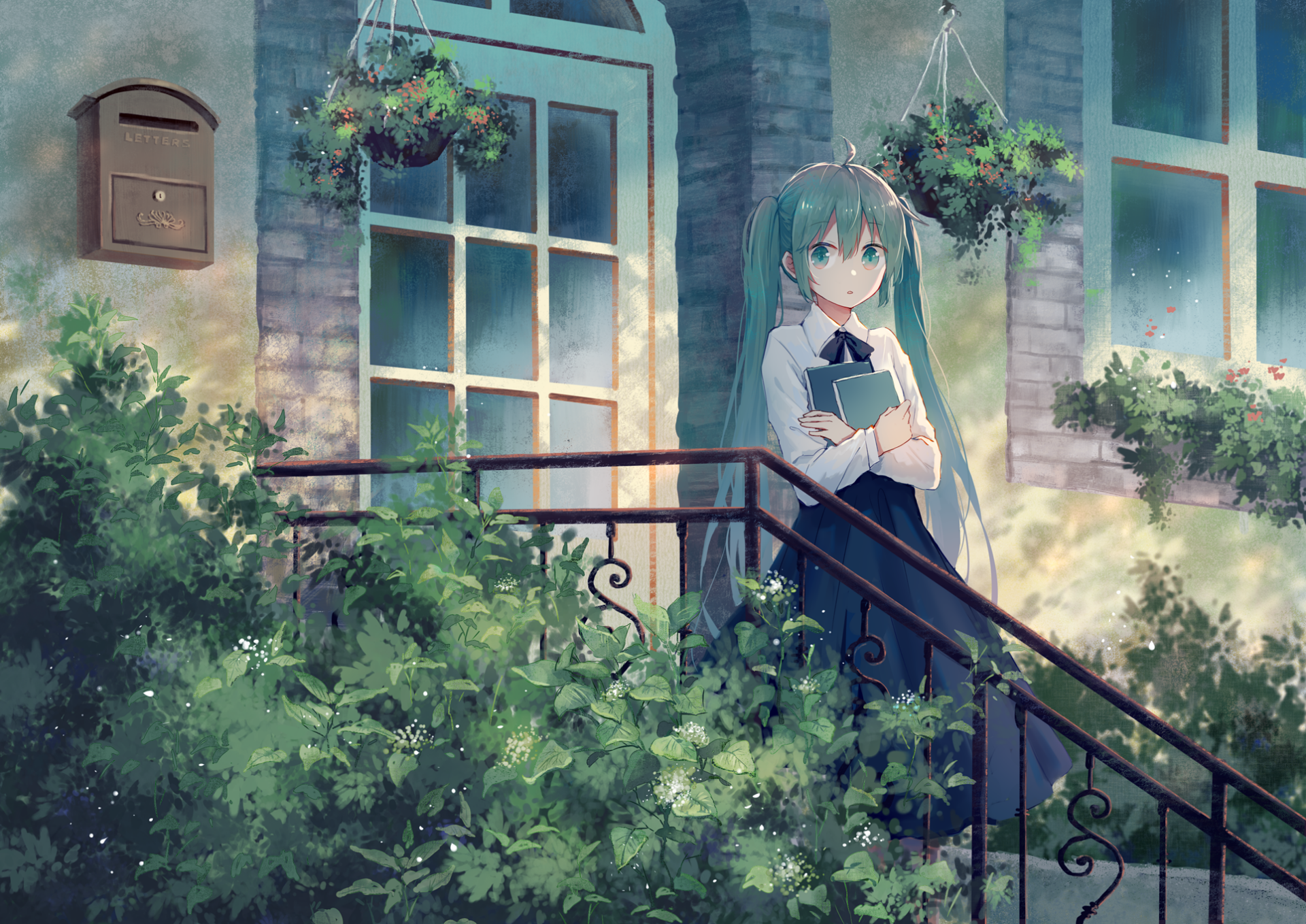 HD desktop wallpaper featuring Hatsune Miku, a popular Vocaloid character, standing on a lush, green balcony in front of a scenic brick building.