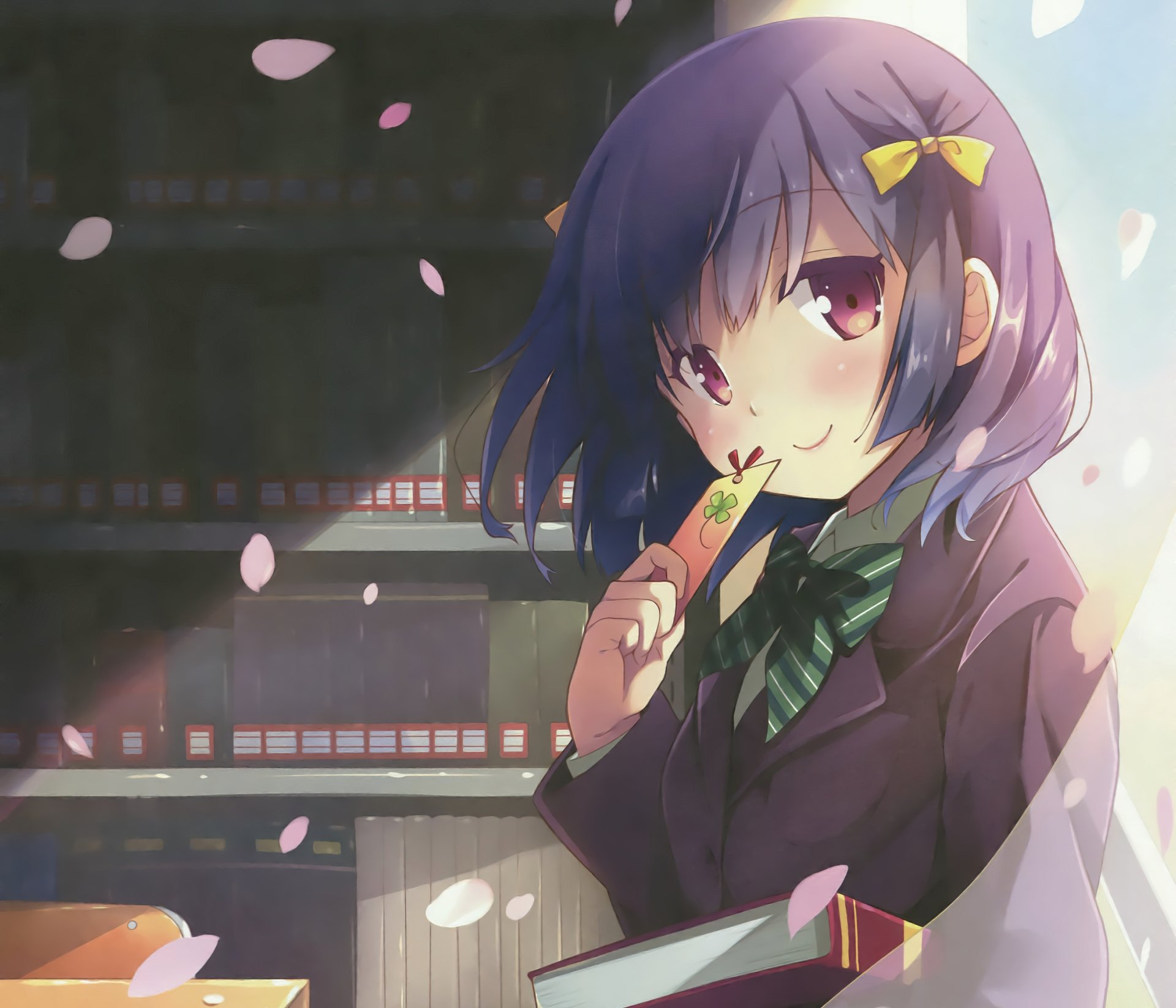 Download Twintails Ribbon Red Eyes Short Hair Blush Smile Cherry Blossom Book Anime Original HD Wallpaper by natsume eri