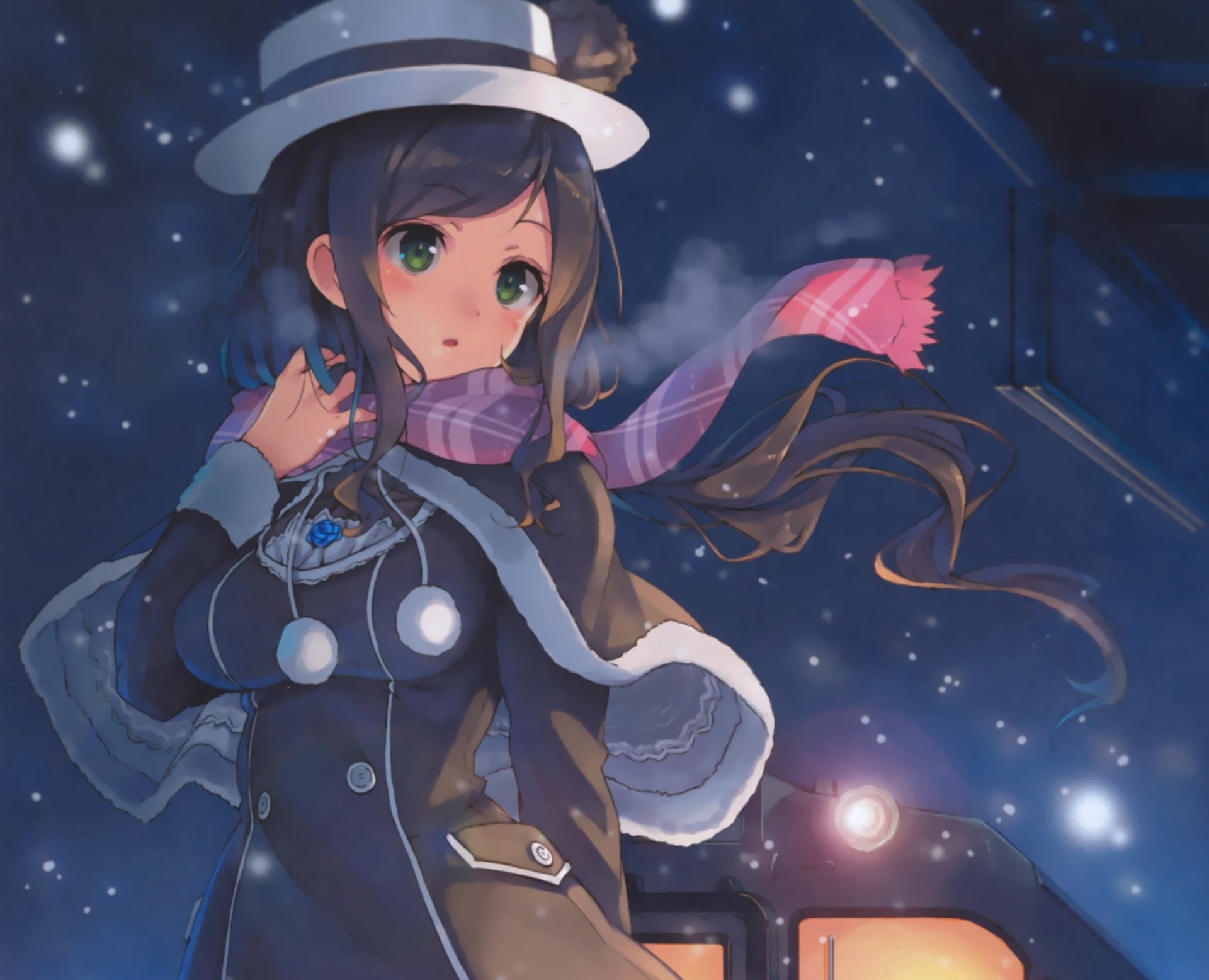 Anime-style girl with long brown hair, green eyes, and blush wears a flower hat and scarf, standing near a snowy train at night in this HD PC desktop wallpaper.