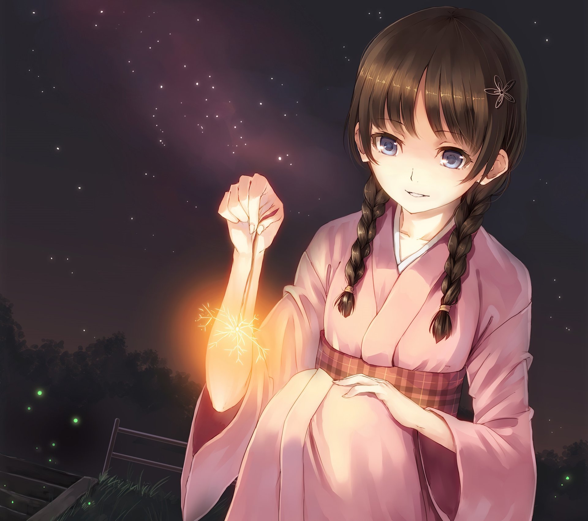 Download Star Fireworks Kimono Blue Eyes Braid Long Hair Brown Hair Anime Original HD Wallpaper by Paseri