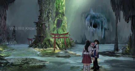 HD anime desktop wallpaper featuring Sazanami, Akagi, and Kaga from Kantai Collection in a mystical forest cave setting with glowing trees and torii gates.