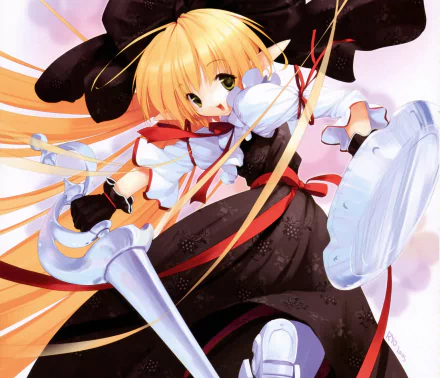 glove pointed ears green eyes long hair blonde shield sword ribbon Anime Original HD Desktop Wallpaper | Background Image