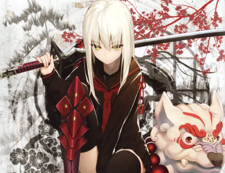 Anime-style HD desktop wallpaper featuring a blonde character with yellow eyes holding a sword, surrounded by flowers and a traditional statue, with long hair flowing.