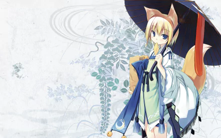 Anime-style original character with short blonde hair, blue eyes, animal ears, and a tail, wearing a kimono and holding a parasol, adorned with a bow.