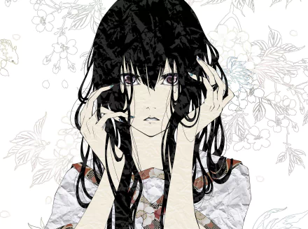 Anime original 2K Quad HD PC desktop wallpaper: moody long black-haired girl with violet eyes, hands framing her face before pale floral line-art background.