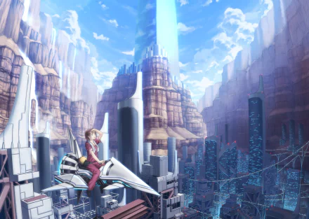 Anime original: short brown-haired character perched on a sleek hovercraft above a towering canyon cityscape under bright sky—HD PC desktop wallpaper/background.