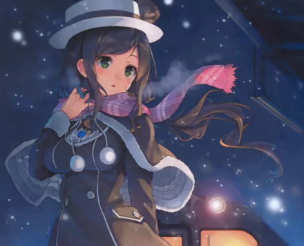 Anime-style girl with long brown hair, green eyes, and blush wears a flower hat and scarf, standing near a snowy train at night in this HD PC desktop wallpaper.