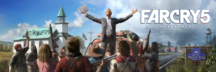 A dynamic scene from Far Cry 5, featuring an imposing character surrounded by armed followers, set against a vibrant backdrop, showcased in 8K Ultra HD for an immersive gaming experience.