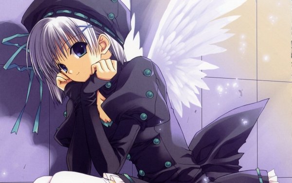 Anime Angel Wings Hat Smile Blue Eyes Grey Hair Short Hair HD Wallpaper | Background Image
