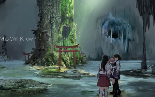 HD anime desktop wallpaper featuring Sazanami, Akagi, and Kaga from Kantai Collection in a mystical forest cave setting with glowing trees and torii gates.